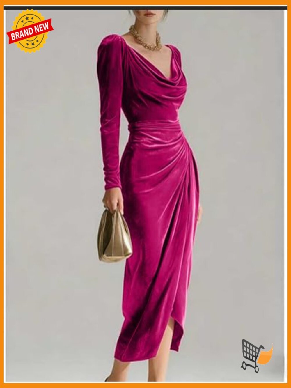 Velvet Cowl Neck Midi Bodycon Dress Long Sleeve Party Wedding Guest Ruched Slit - Picture 3 of 4